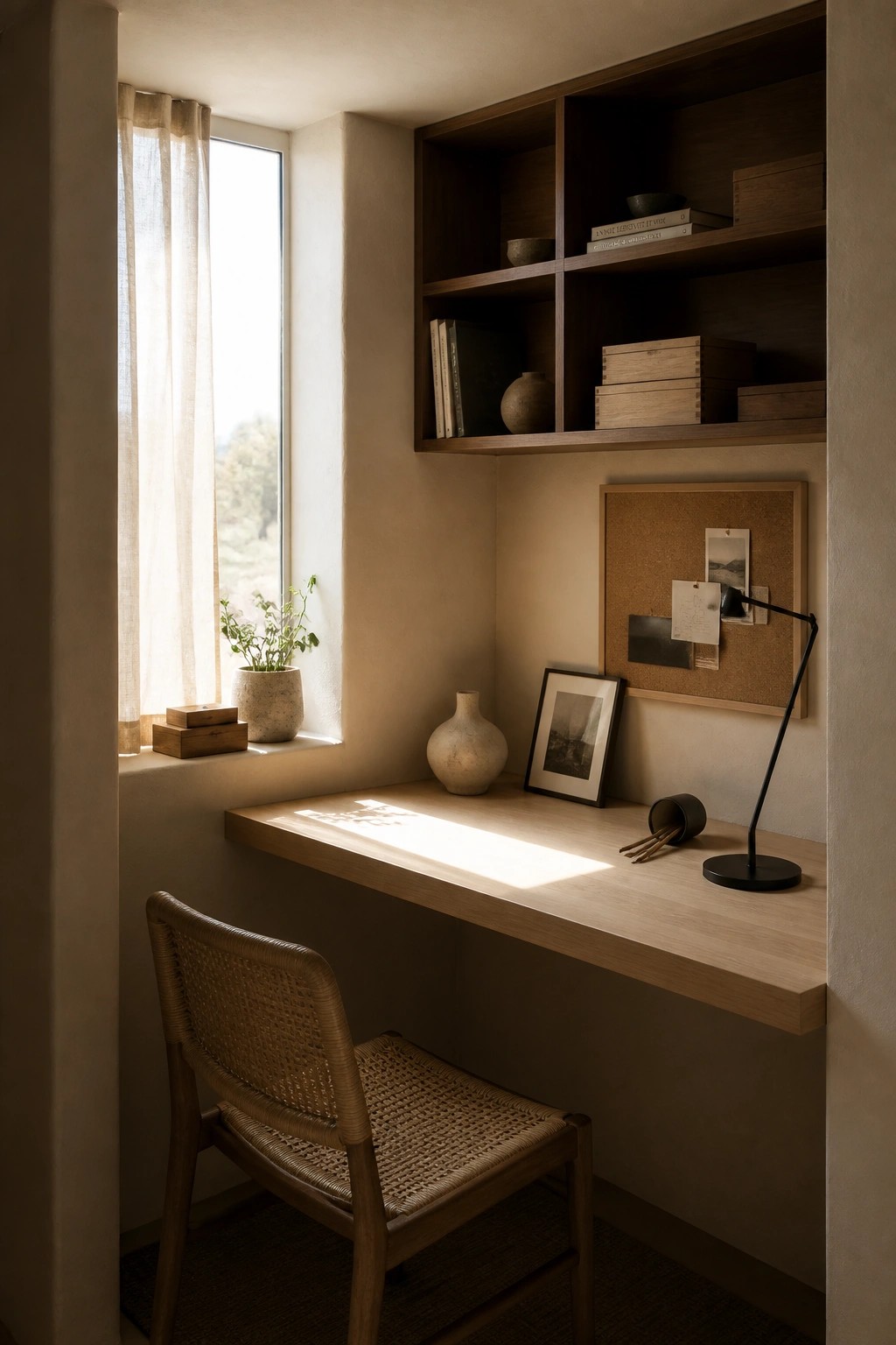 A light wood built-in desk and shelving unit sit in a corner workspace beneath a window, with a woven chair pulled up to the desk.