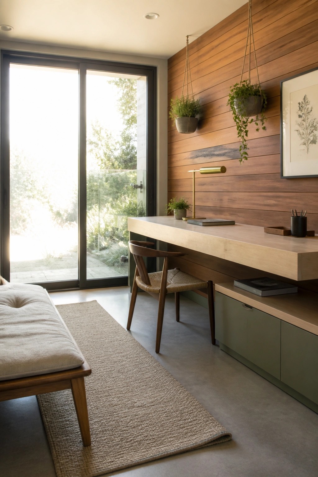 Modern workspace with floating wood desk, woven chair, hanging plants, and glass doors.