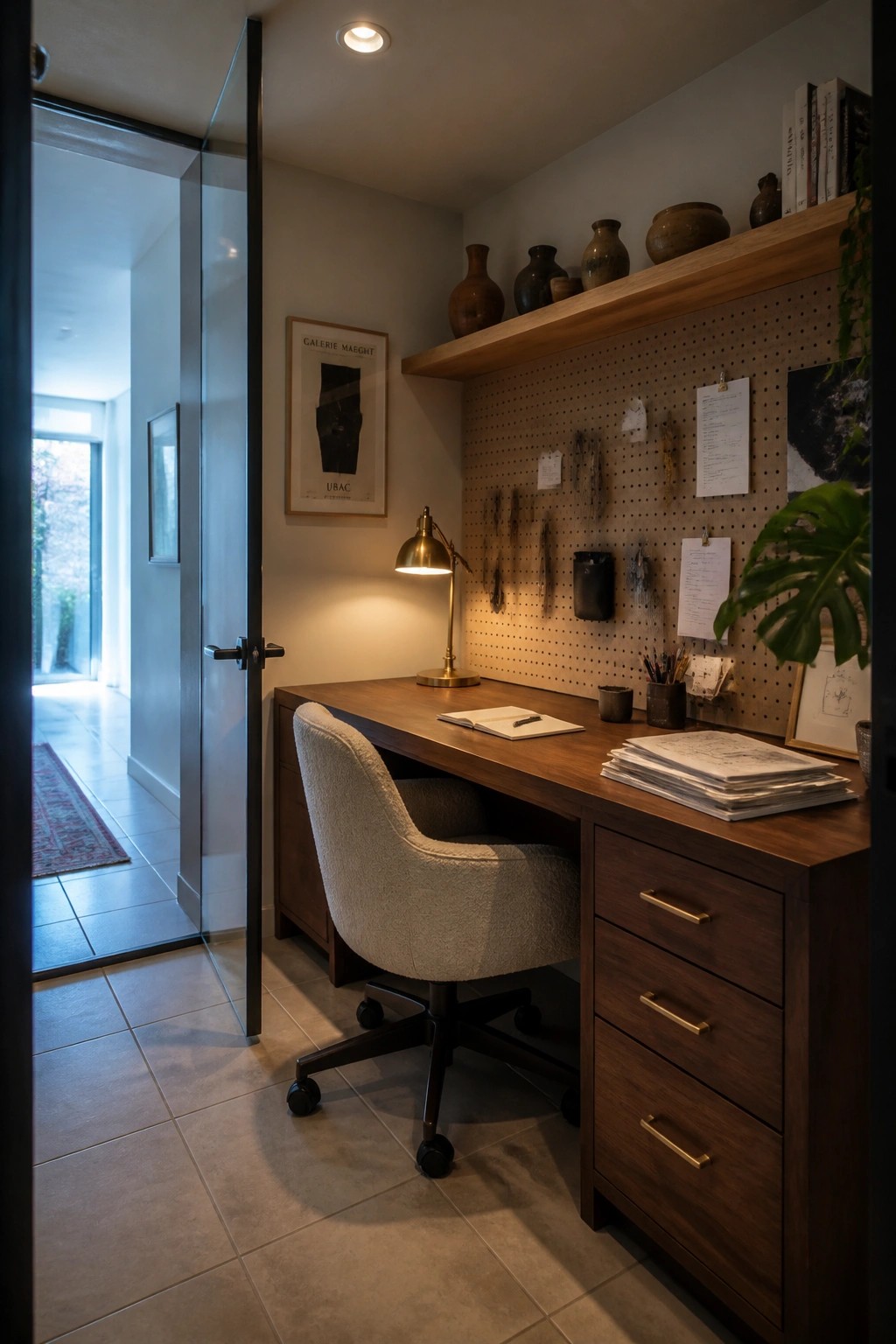 A home office featuring a wooden desk against a pegboard wall with papers and tools attached, an upholstered swivel chair, and a glass door leading to another room.