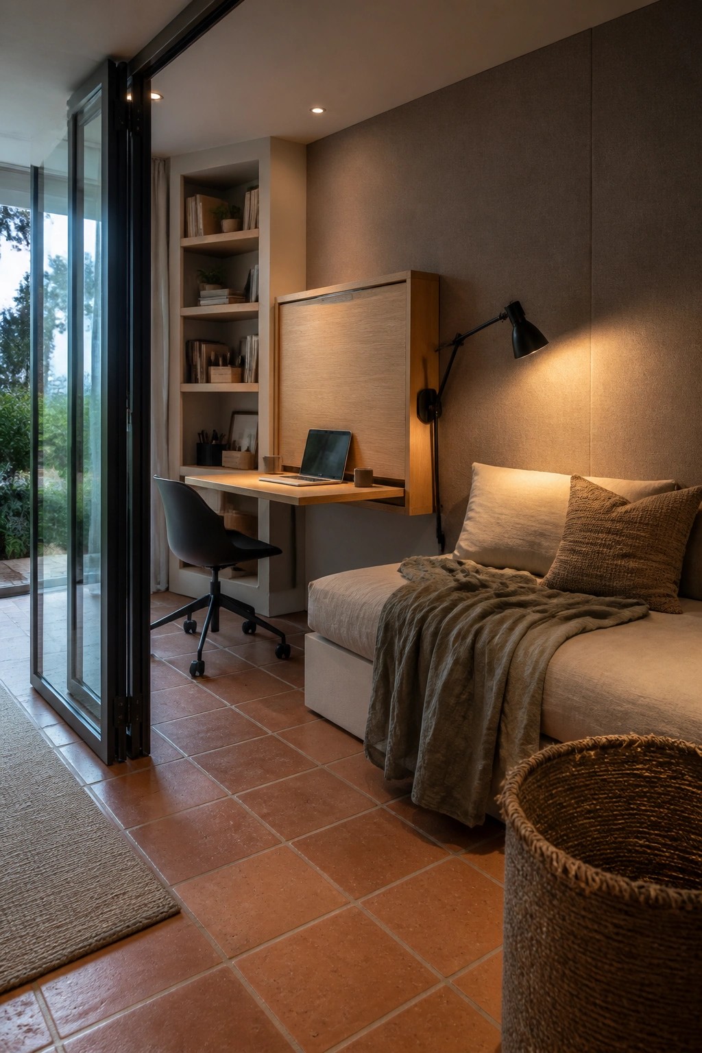 A compact bedroom interior with a wall-mounted wooden desk holding a laptop, built-in shelves above it, a bed with neutral bedding to the right, and large glass doors on the left.