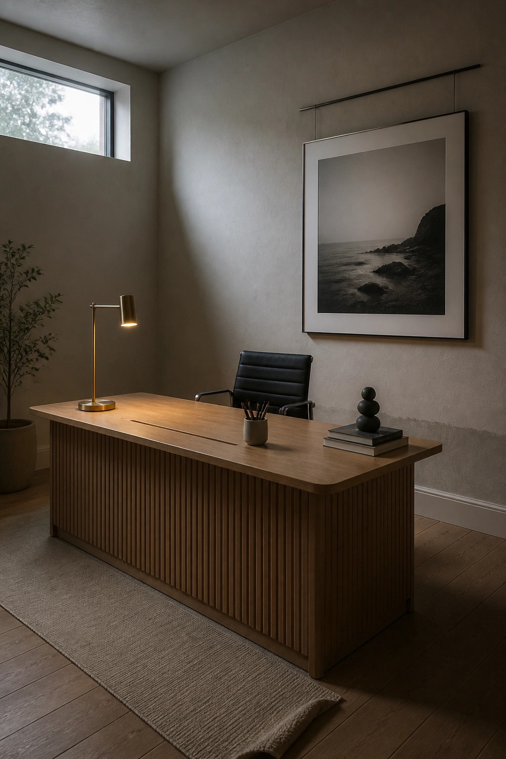 A home office with a long wooden desk featuring vertical slats, a black leather office chair, a brass desk lamp, a potted plant, and a large framed photograph hanging on a beige wall.