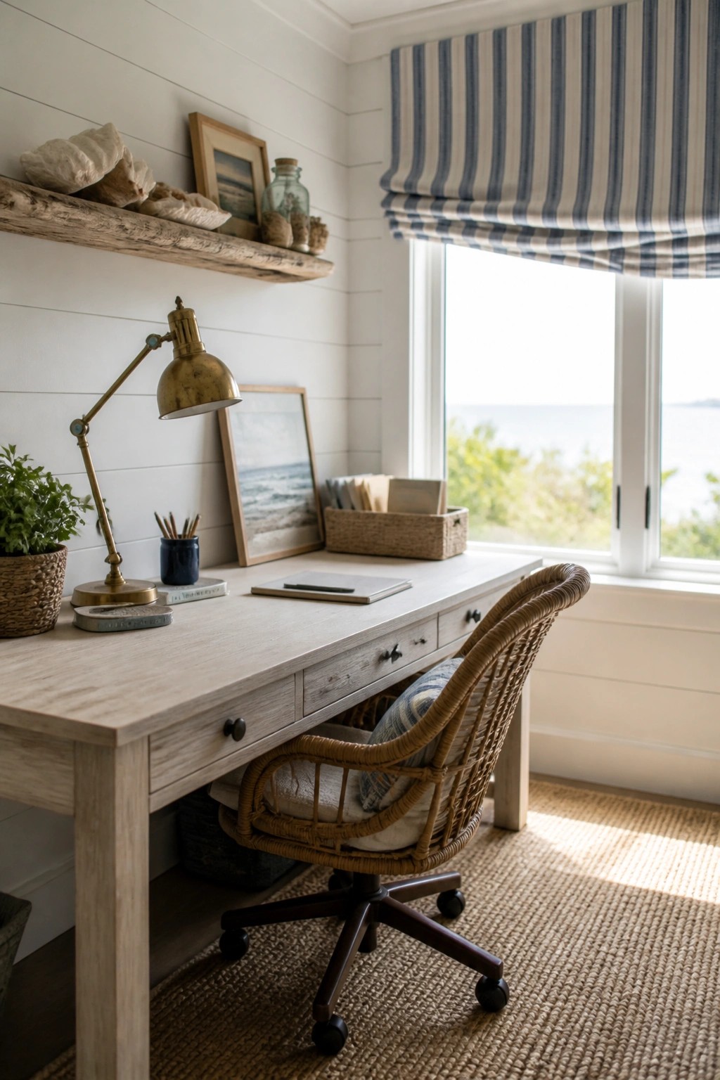 A light wood desk with a woven rattan office chair faces a window with a blue striped roman shade, set against white shiplap walls with a brass desk lamp and coastal accessories.