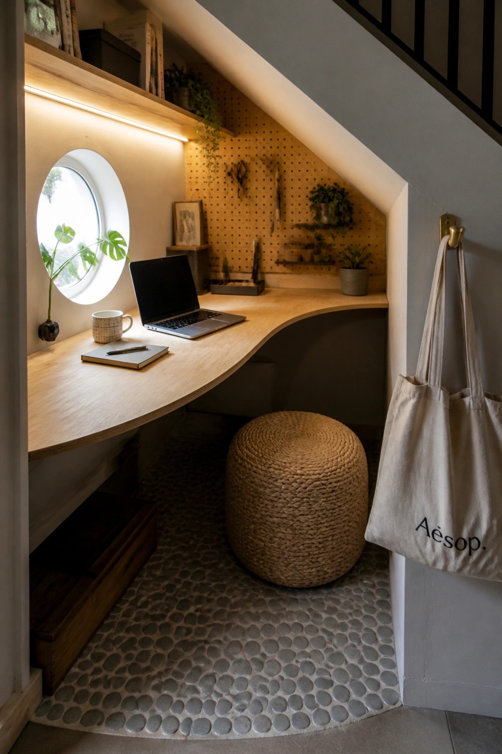 A curved wooden desk built under a staircase with a laptop and plants, round window on the left, and pebble floor beneath a woven stool.