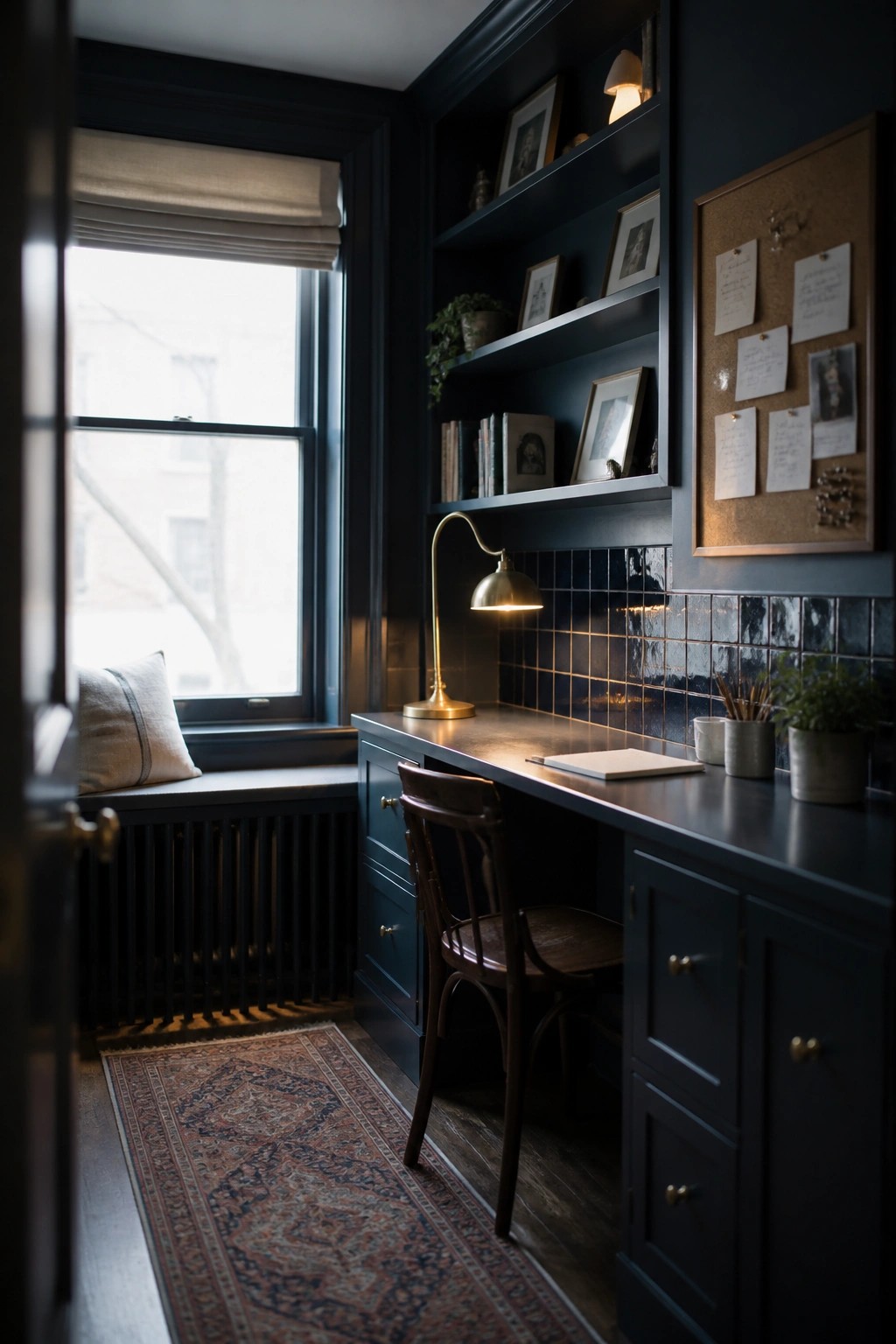 A narrow home office with dark blue built-in shelves above a long desk, a brass desk lamp, a wooden chair, and a window seat with a cushion.