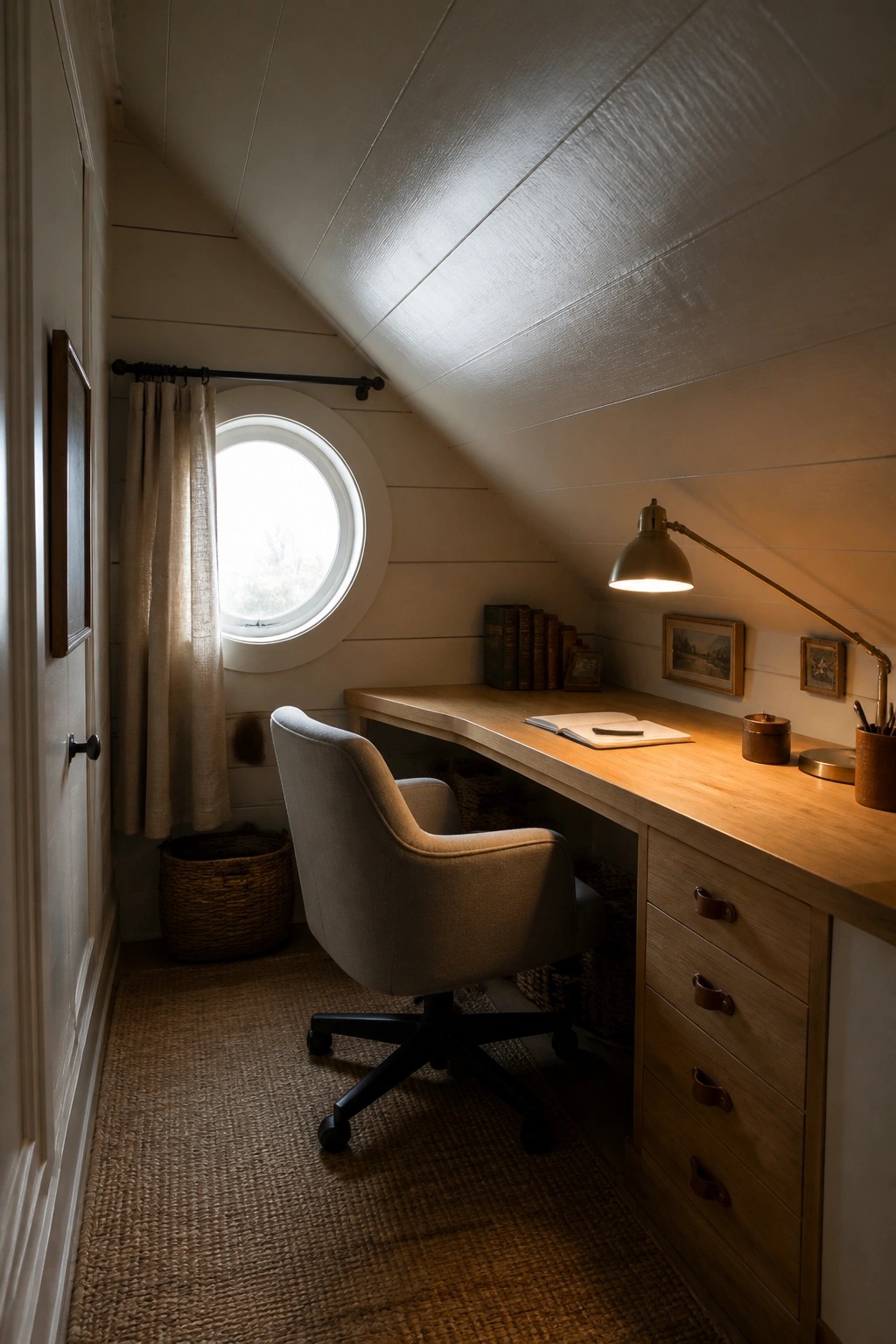 A narrow attic office with a long wooden desk fitted under a sloped ceiling, a swivel chair on a woven rug, and a round window with a curtain.