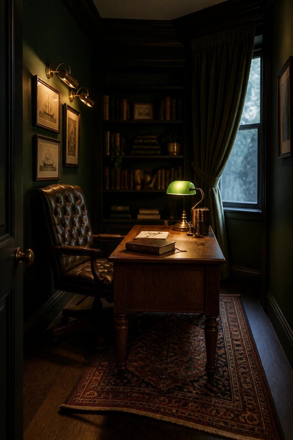 A narrow home office featuring a wooden desk with a green lamp, a brown leather chair, and built-in bookshelves along the back wall.