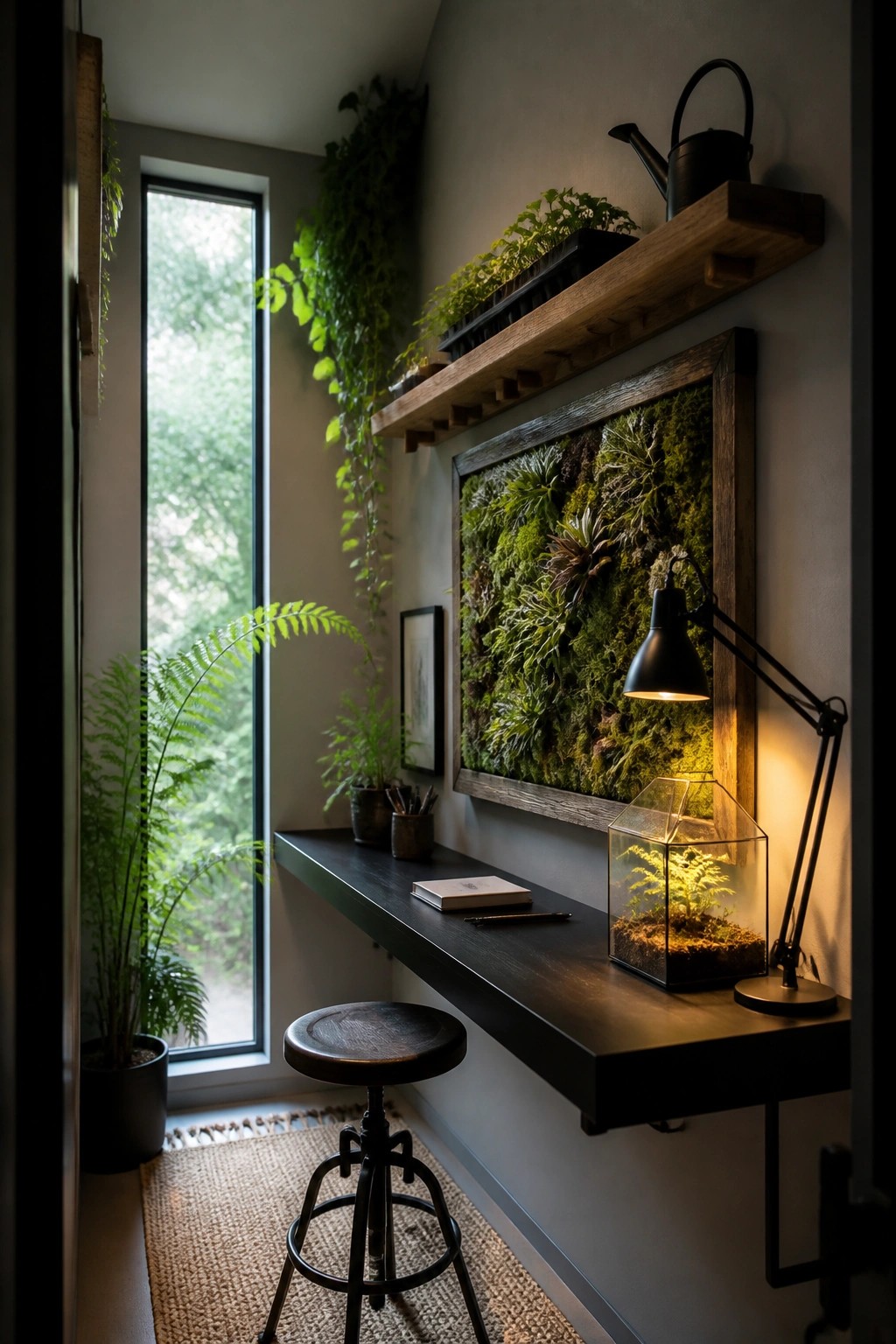 Cozy workspace with moss wall art, floating desk, black lamp, stool, and plants