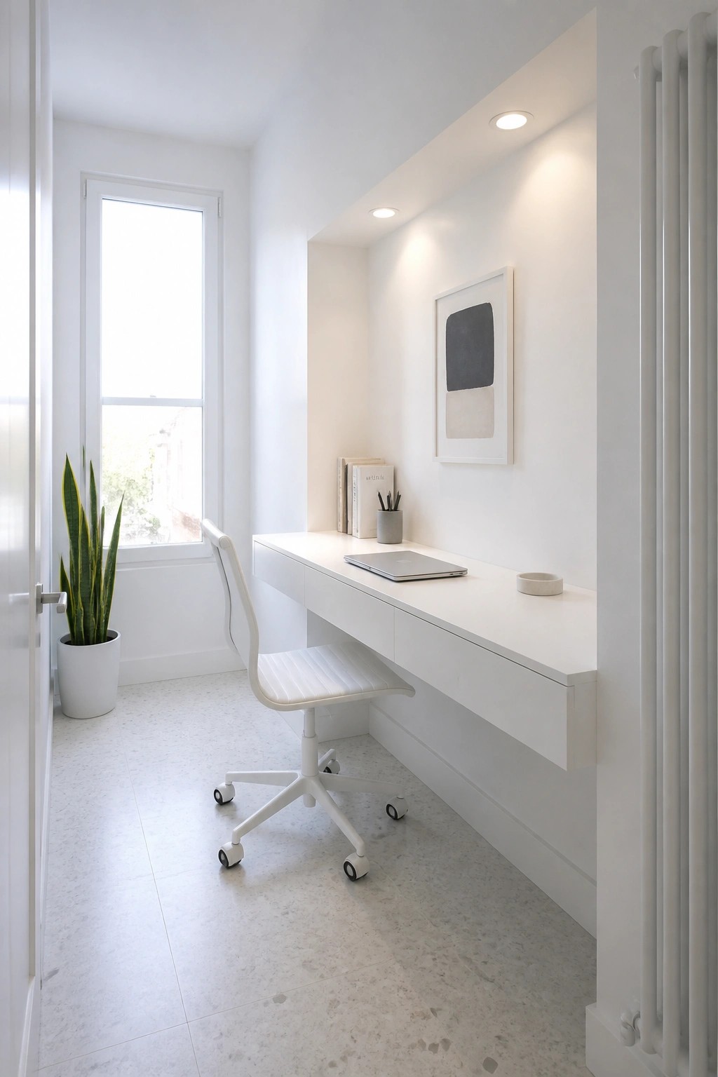 A narrow white floating desk with a white office chair sits in a small room beside a window with a potted plant nearby.
