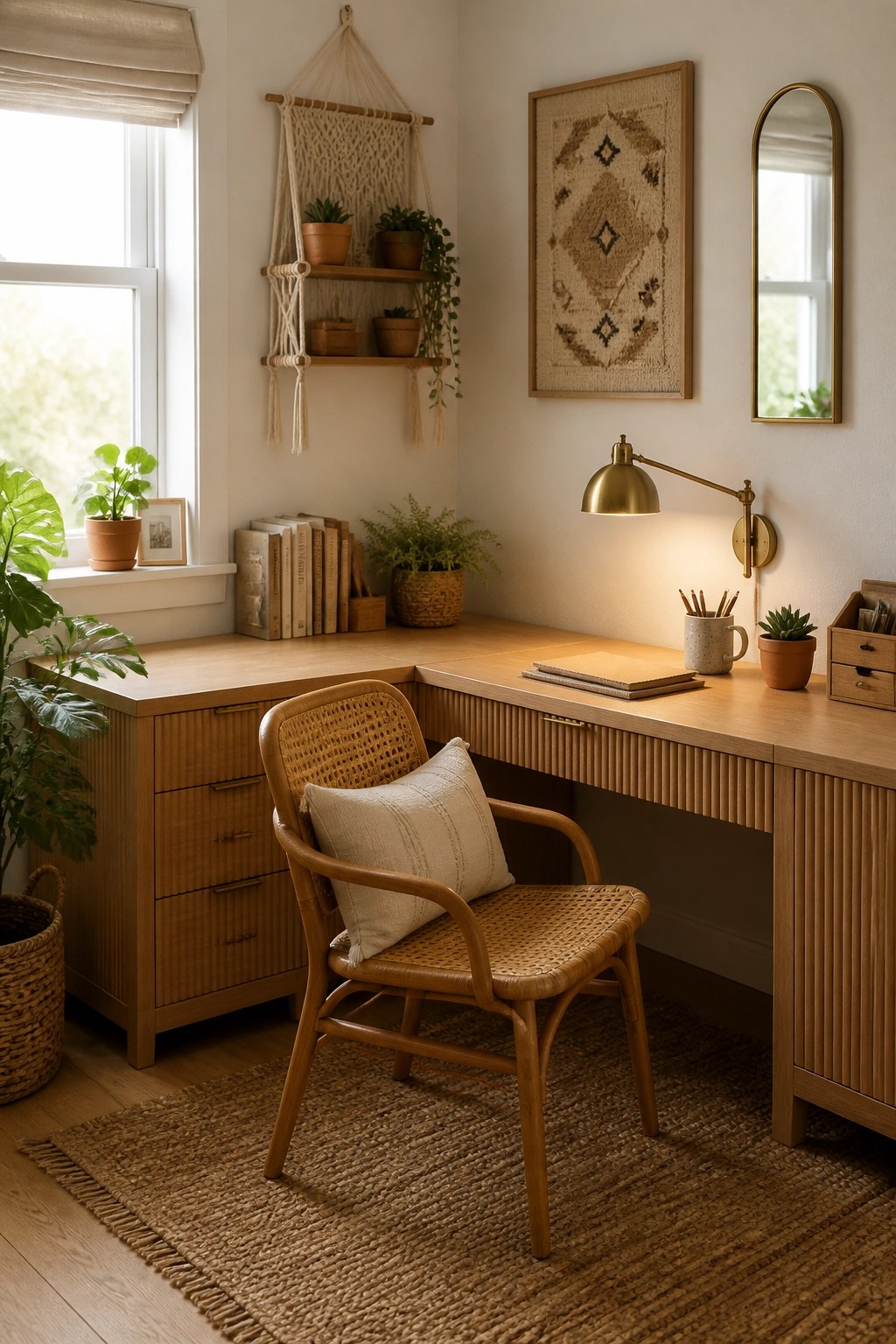 A light wood L-shaped desk fitted into a corner of a small room, with a woven chair, wall-mounted lamp, and plants on nearby shelves.