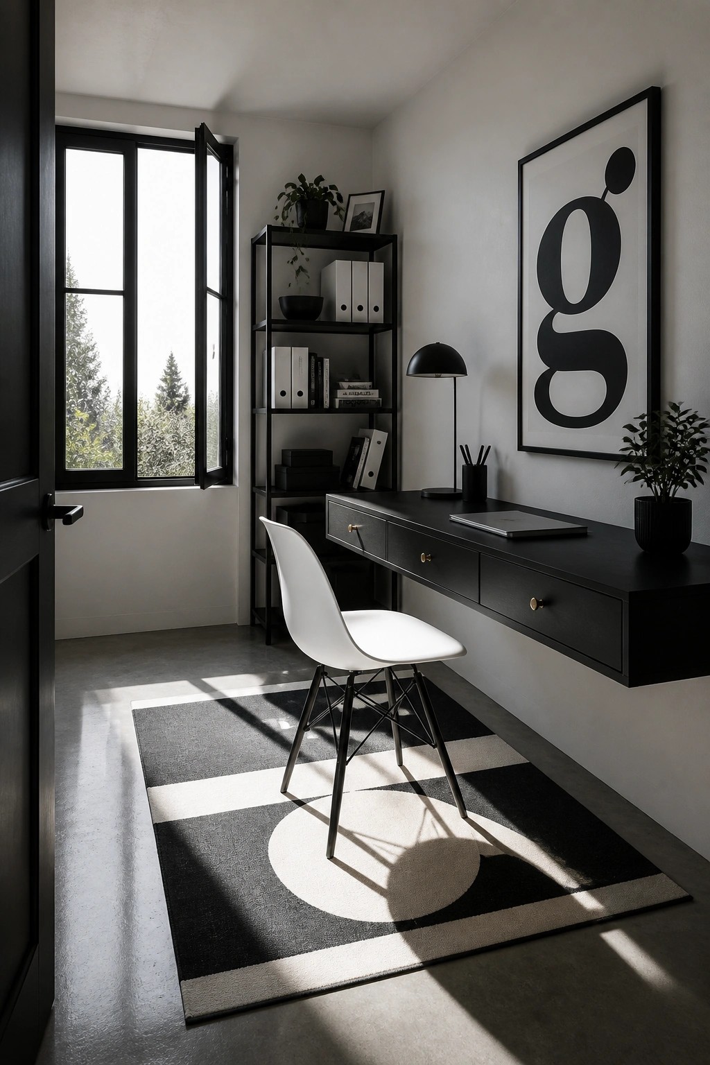 A narrow interior room with a black floating desk mounted on a white wall, a white chair on a black and white striped rug, black shelving, and a large open window with black frames.