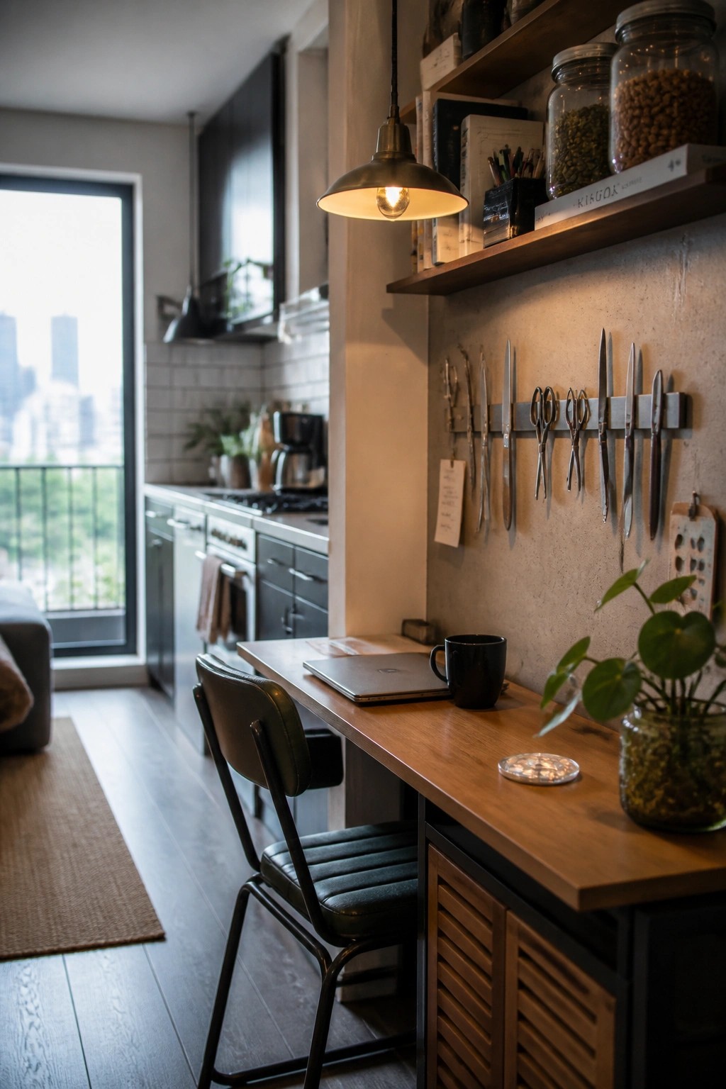A narrow wooden desk with a laptop and black mug sits against a textured wall in a small kitchen area, with a black chair and pendant light above.