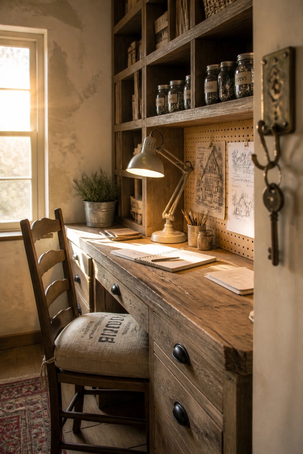 A wooden desk with overhead open shelves holding jars and books sits beside a window, with a wooden chair pulled up to it.