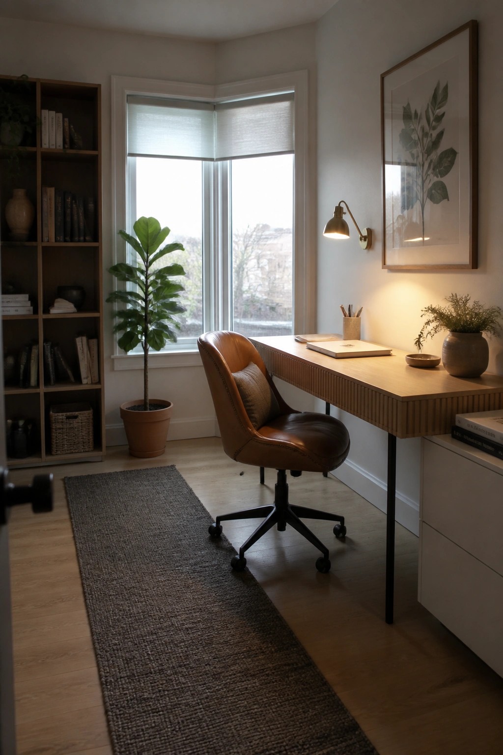 Modern home office with leather chair, wooden desk, window, bookshelf, and plants