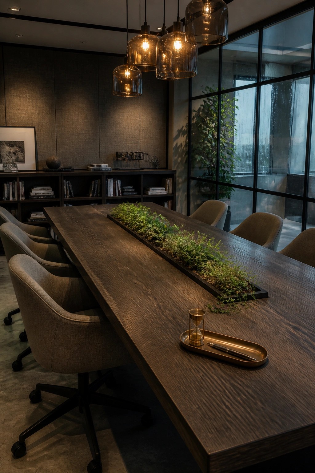 A long dark wood conference table with a central rectangular planter filled with green foliage, surrounded by upholstered swivel chairs under several glass pendant lights.