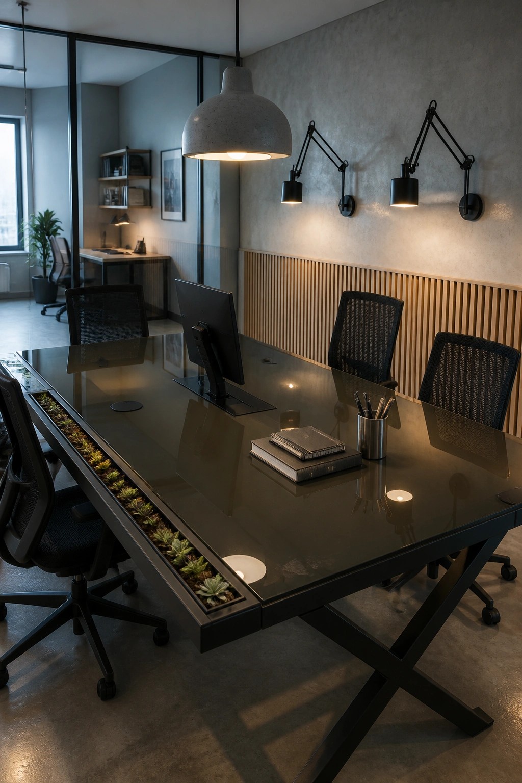 A modern conference room with a long glass table featuring a built-in succulent planter along one side, black mesh chairs, and wall-mounted lights.
