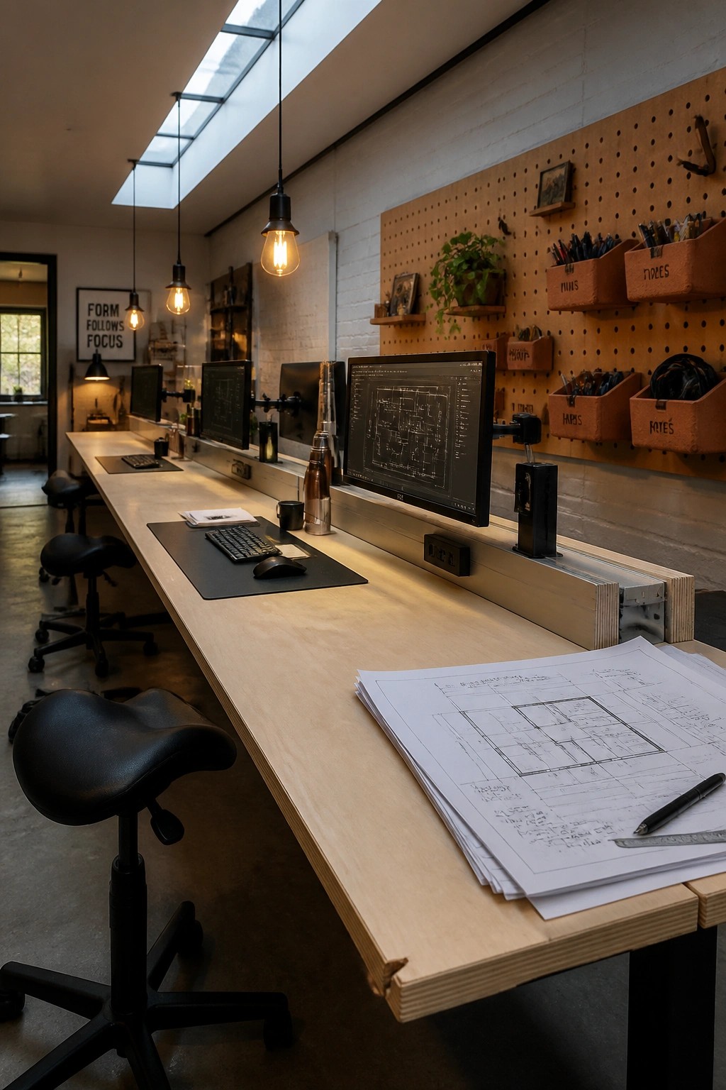 A long light-wood table in a modern office holds multiple computer monitors and stools, with architectural drawings and a pen visible in the foreground and a pegboard mounted on the wall behind.