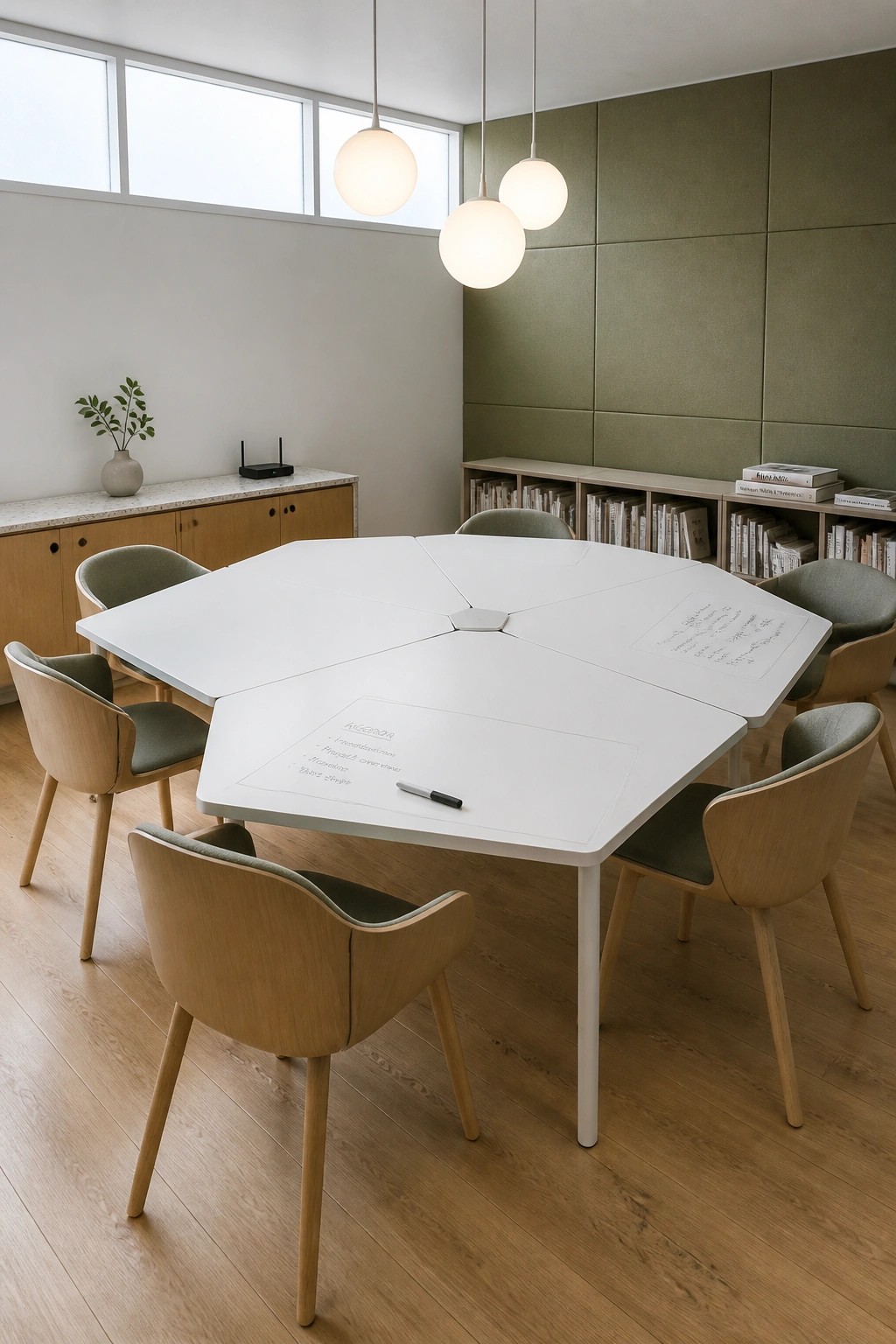 A modern meeting room with a large white modular octagonal conference table, green upholstered wooden chairs, three spherical pendant lights, and a green accent wall with bookshelves.