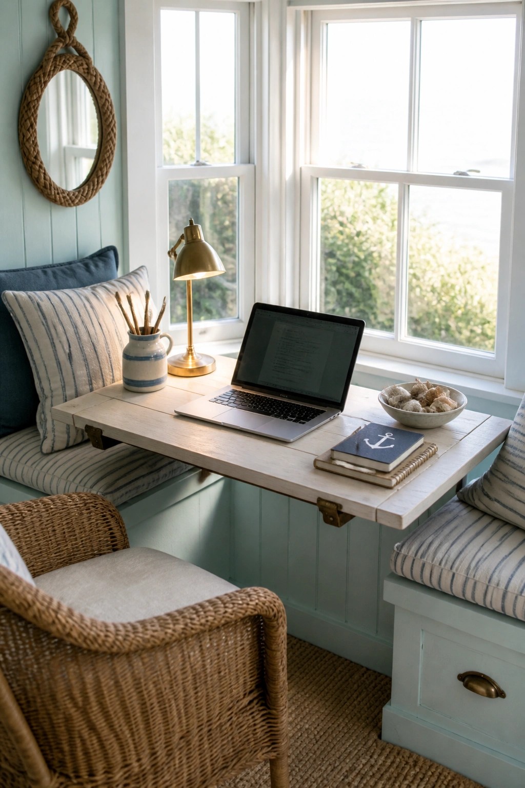 A light wood drop-down desk with a laptop and brass lamp is mounted beneath a multi-paned window, flanked by built-in benches with striped cushions in a pale blue room.