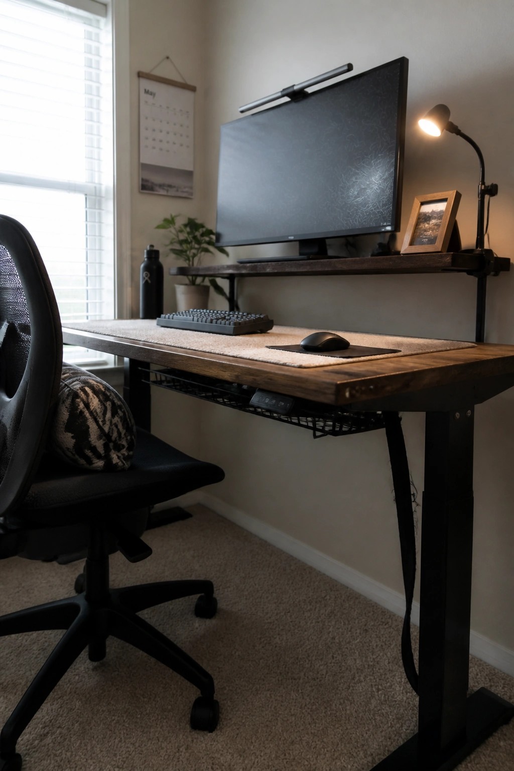 Modern wooden desk setup with monitor, keyboard, mouse, lamp, and black office chair