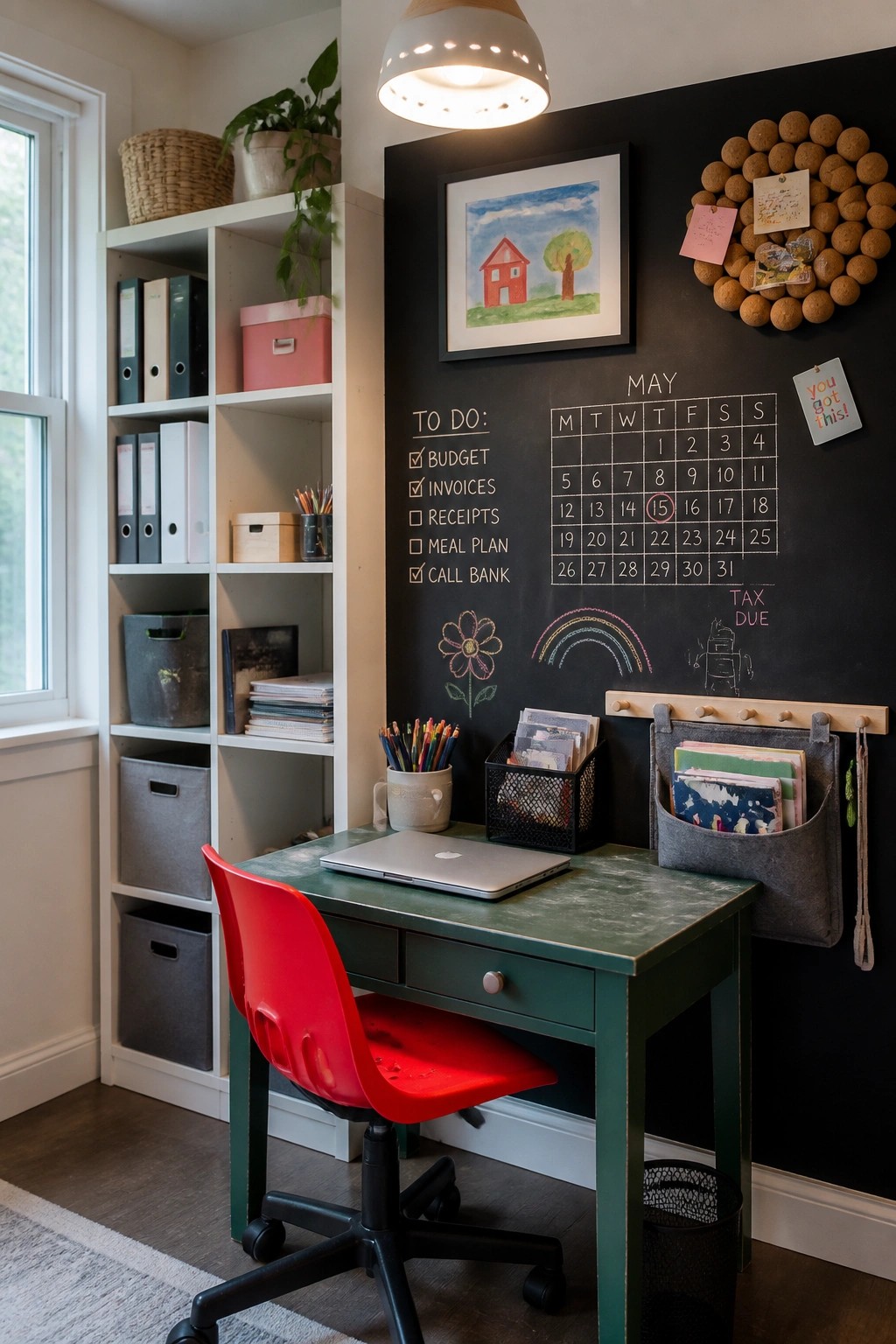 A home office with a green desk, red chair, white shelves, and a large black chalkboard wall showing a May calendar and handwritten to-do list.