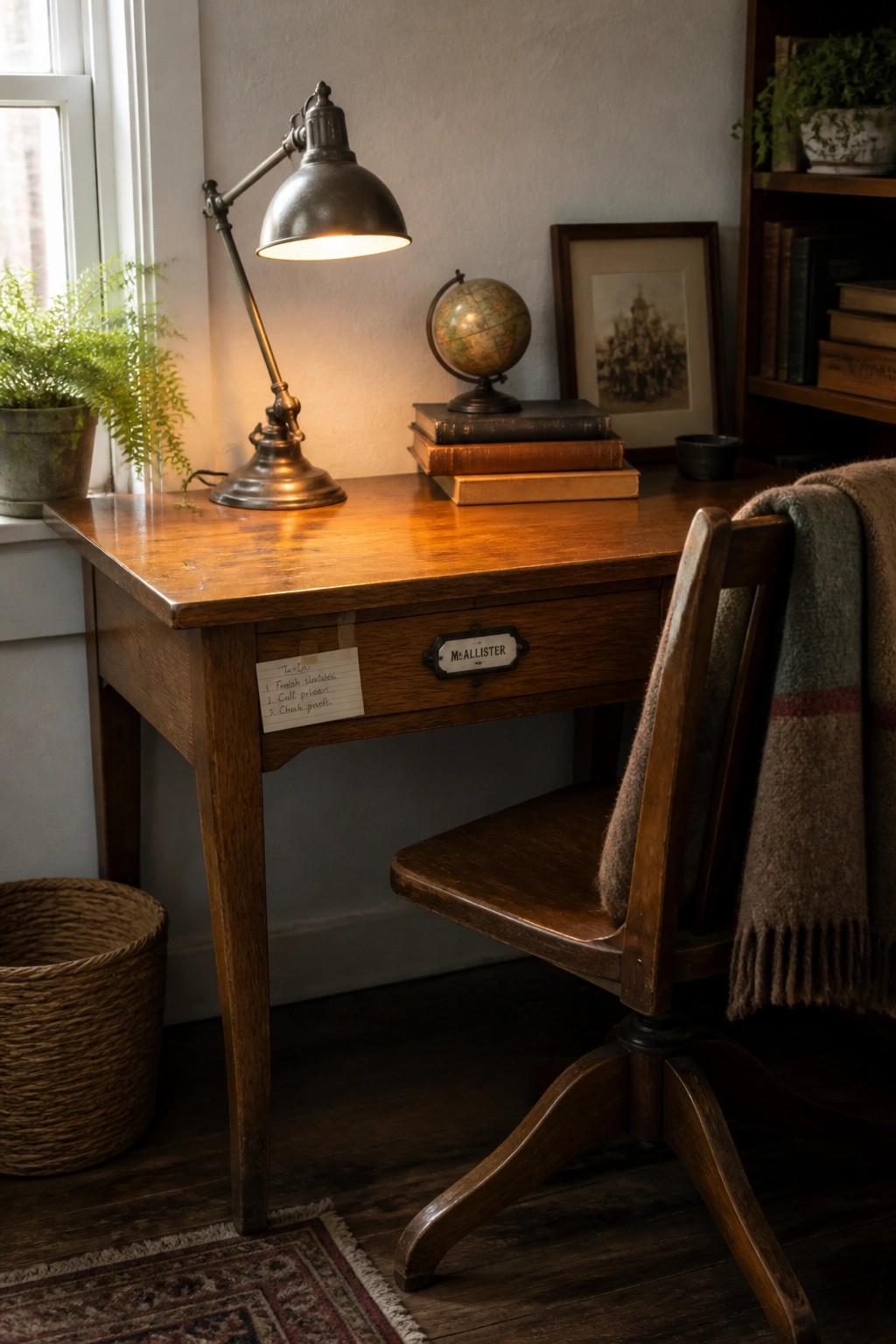 A wooden desk with a lit metal task lamp, stacked books, a small globe, and a wooden office chair in a room with a window.
