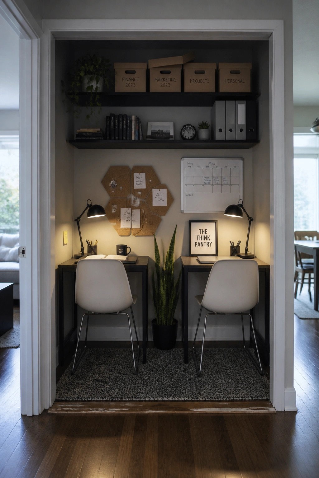 A narrow interior alcove converted into a home office with two desks and chairs, black overhead shelves holding storage boxes, cork boards, a calendar, and two black desk lamps.