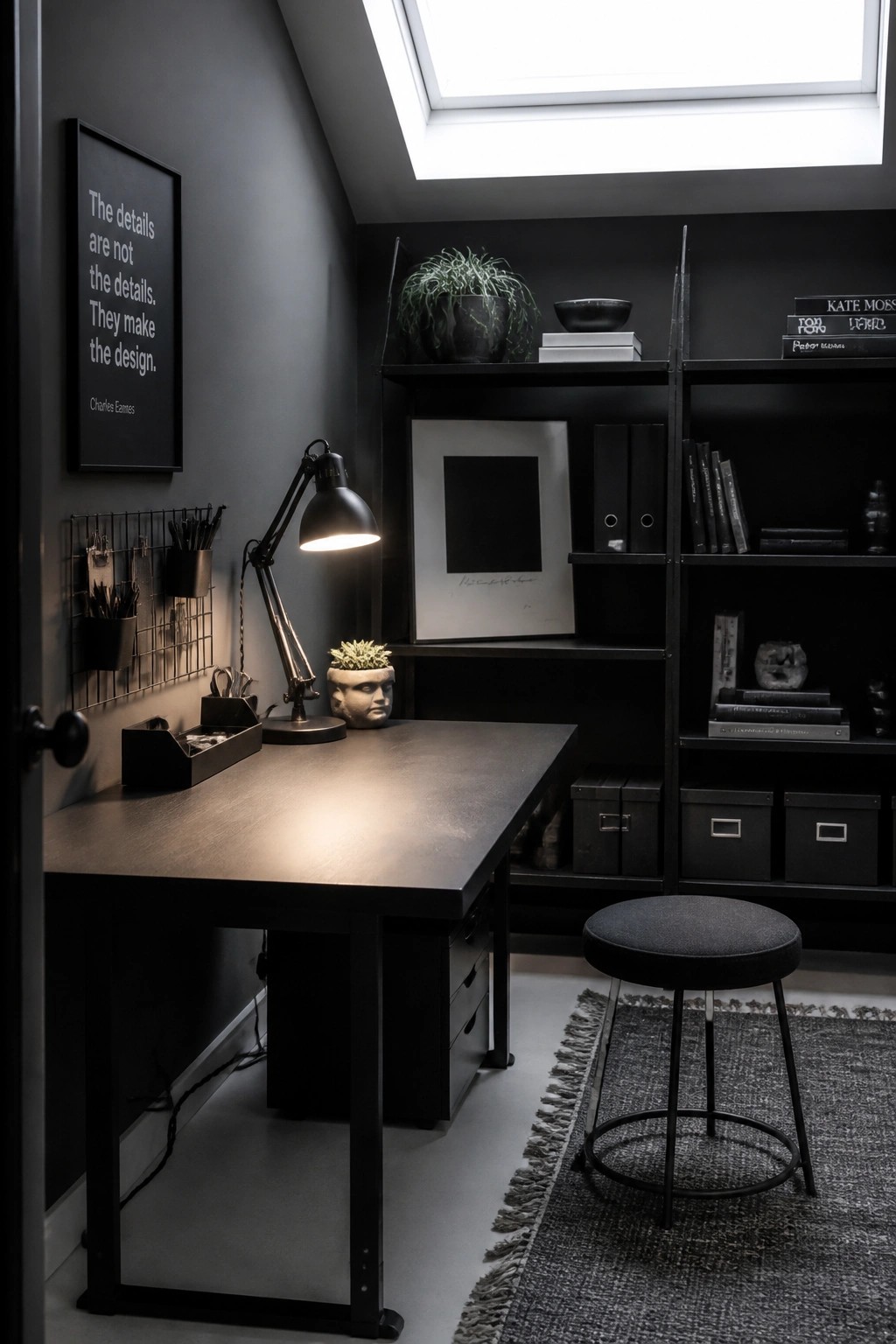 Dark minimalist office with black desk, lit lamp, shelves, stool, and skylight.