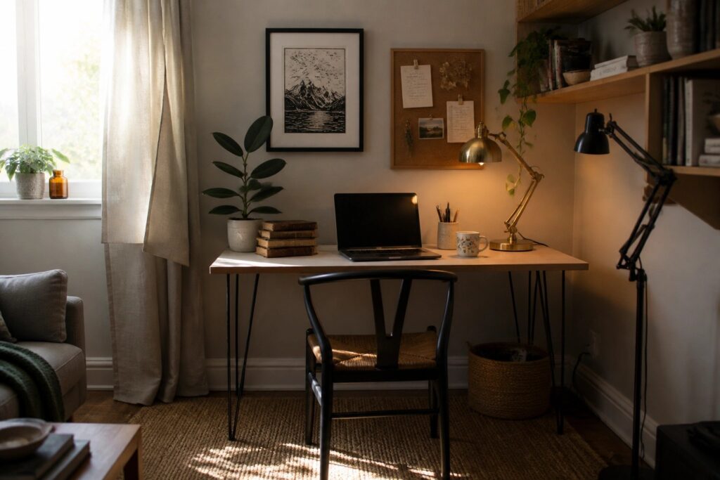 A narrow wooden desk with black hairpin legs holds a laptop and desk lamp in a corner beside a window, with a woven chair tucked underneath.