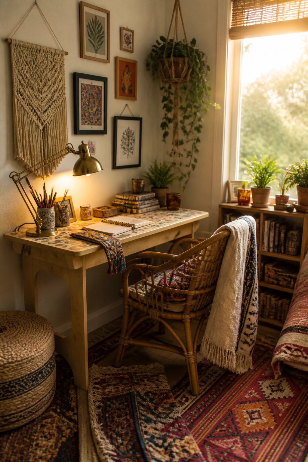 A small home office featuring a wooden desk, rattan chair with a throw, multiple potted plants, wall art, macrame hanging, and layered rugs.
