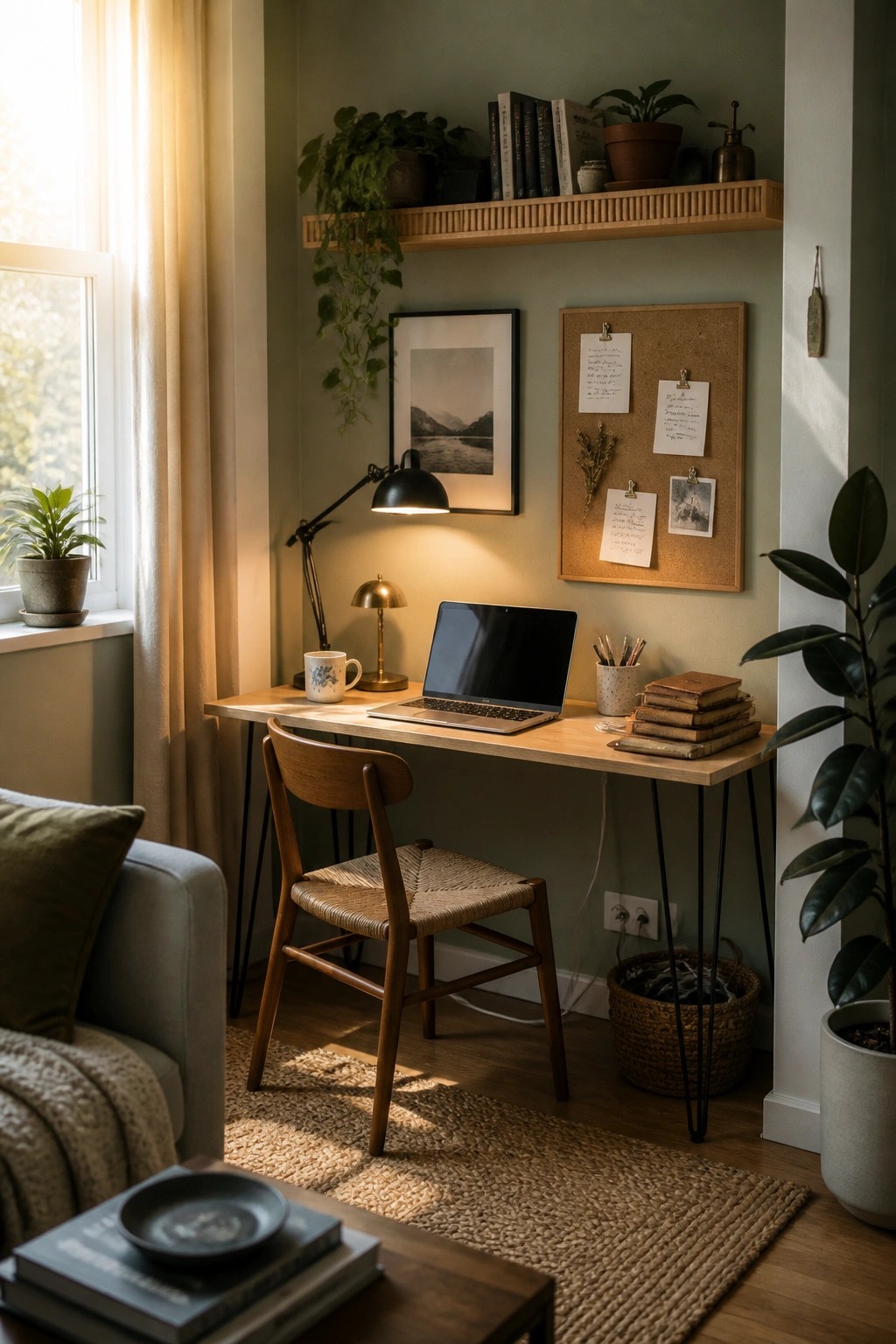 A narrow wooden desk with black hairpin legs holds a laptop and desk lamp in a corner beside a window, with a woven chair tucked underneath.