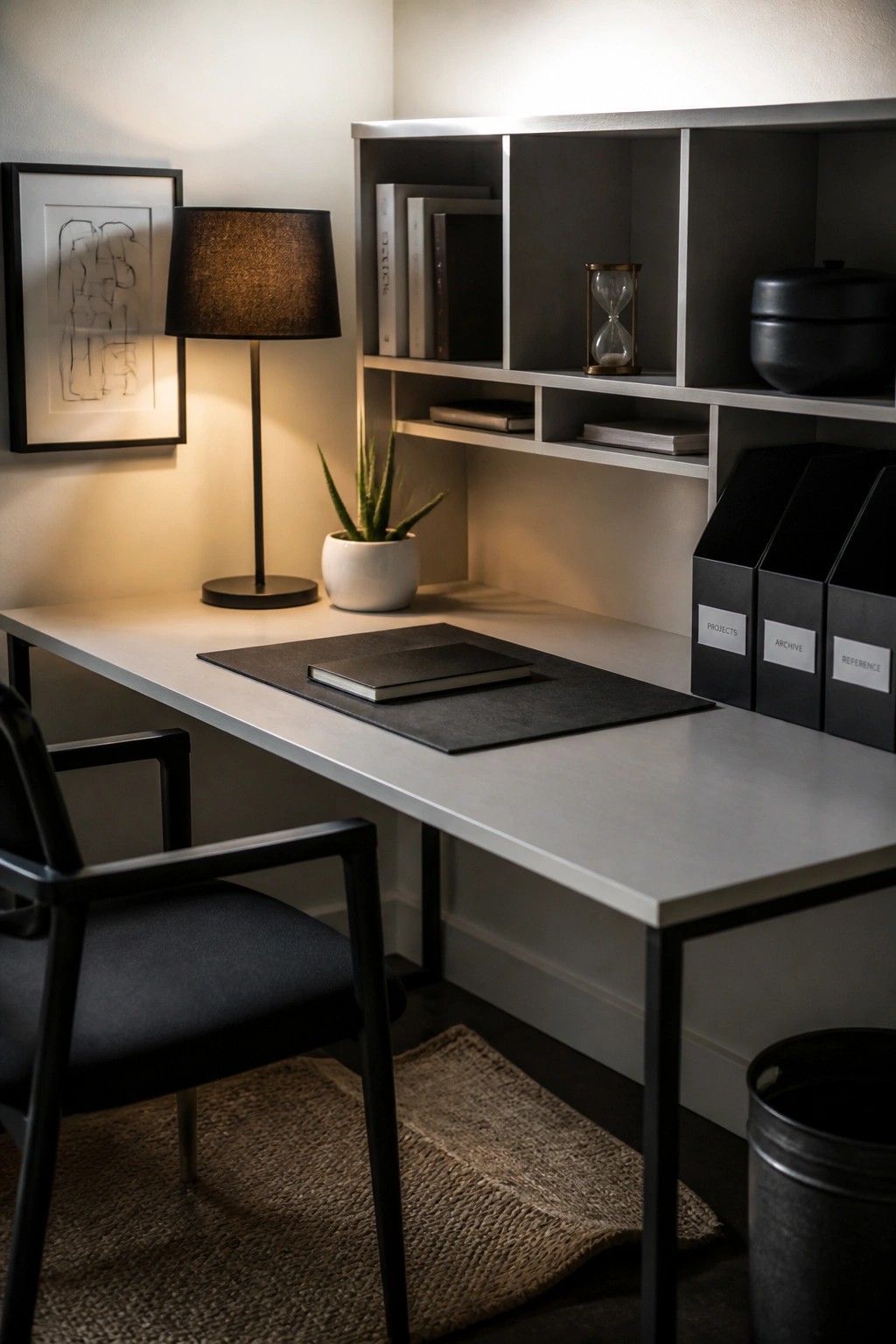 A home office desk with overhead shelving, a black chair, lamp, plant, and labeled storage boxes on the right side.