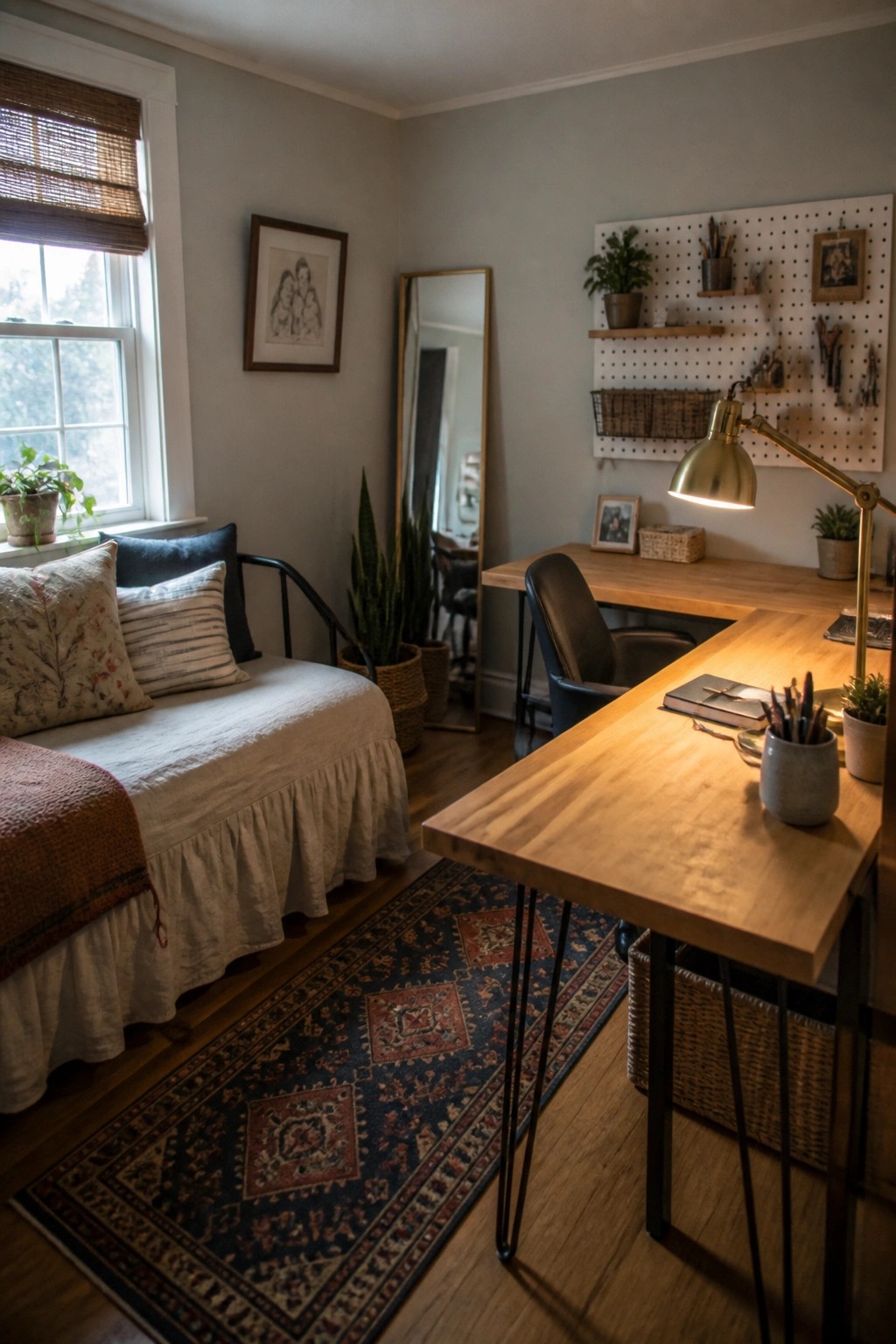 A home office interior showing a wooden L-shaped desk, black office chair, pegboard wall with baskets and plants, and a daybed with pillows beside a window.