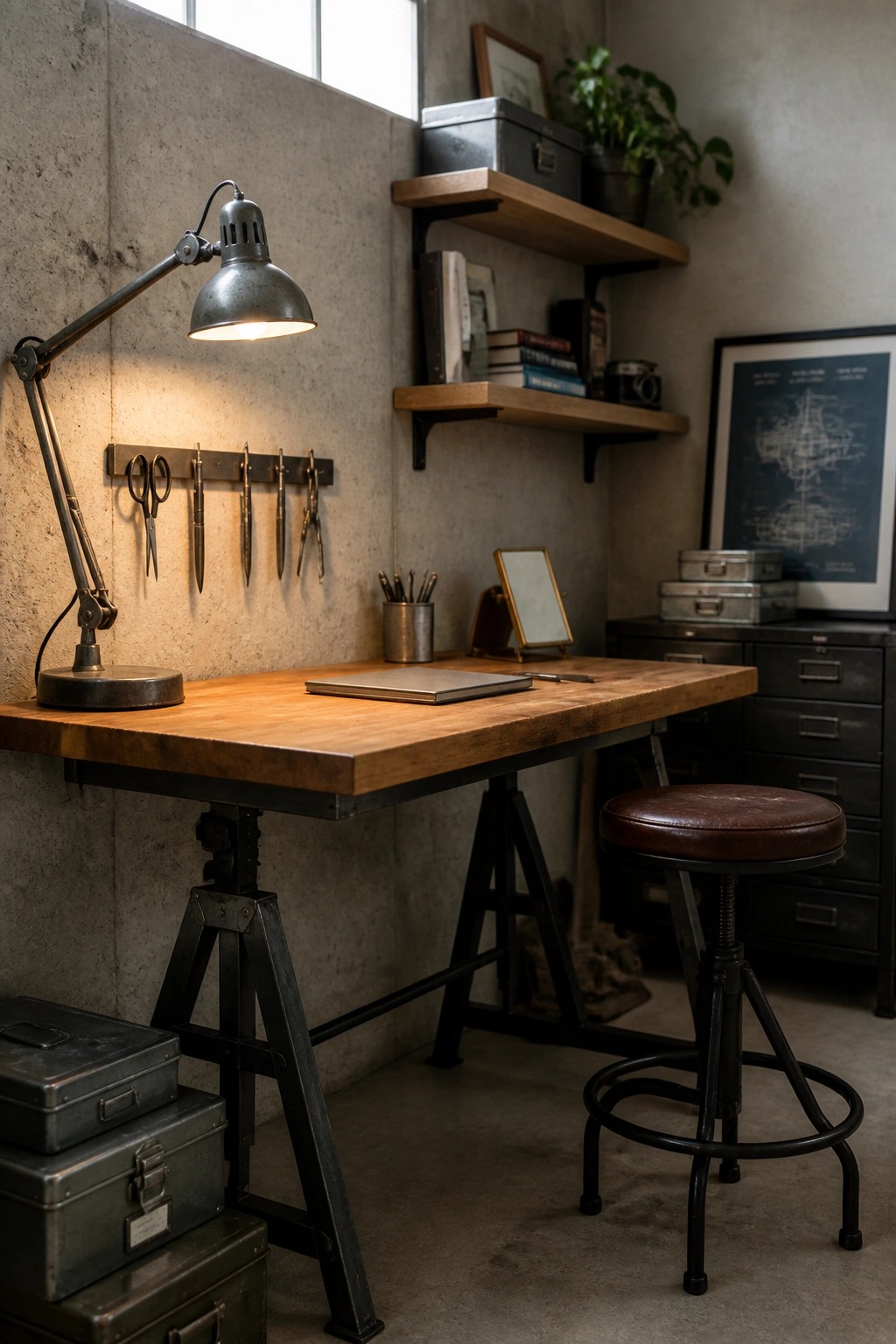 A wooden plank desk supported by black metal sawhorses sits in a concrete-walled room with a lit metal desk lamp and tools mounted on the wall.