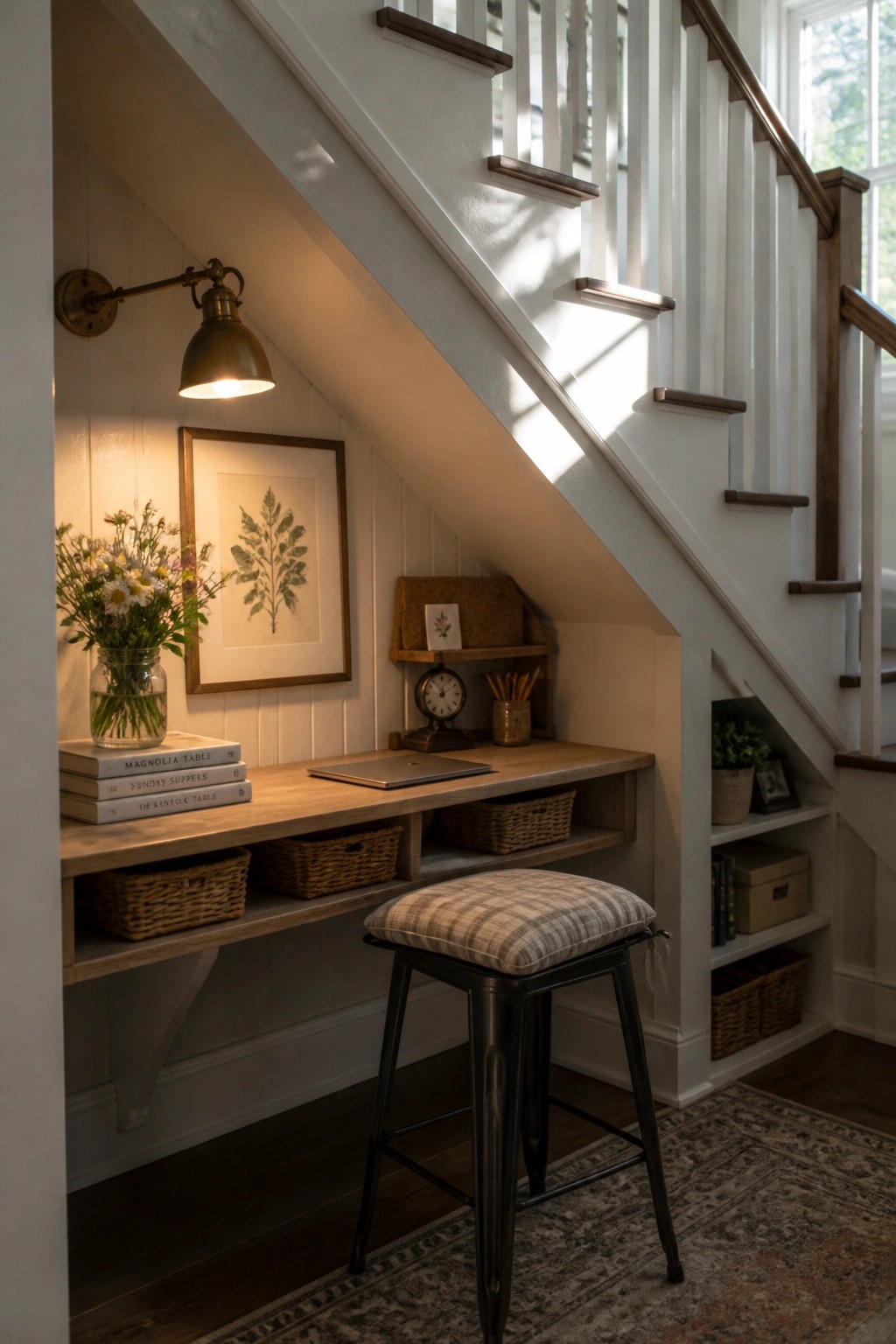 Cozy wooden desk nook under staircase with stool, lamp, baskets, and flowers