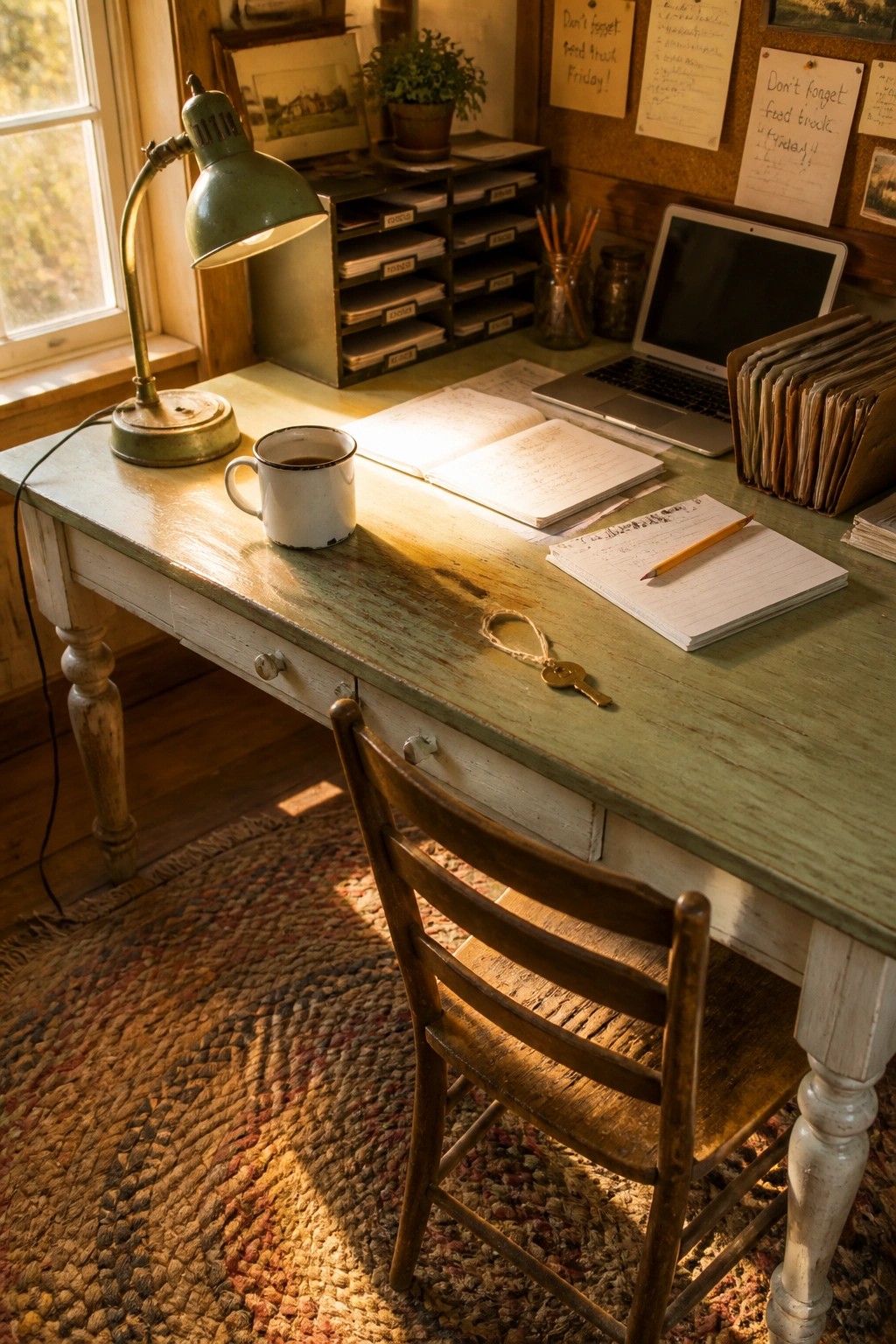 A wooden desk with a worn green painted finish holds a laptop, open notebooks, a coffee mug, a green lamp, and a pencil on a chair nearby.