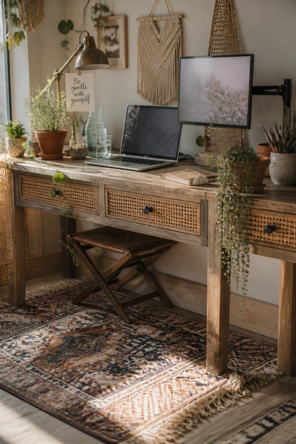 A wooden desk with cane woven drawer fronts holds a laptop and monitor, surrounded by plants and a patterned rug in a home office.