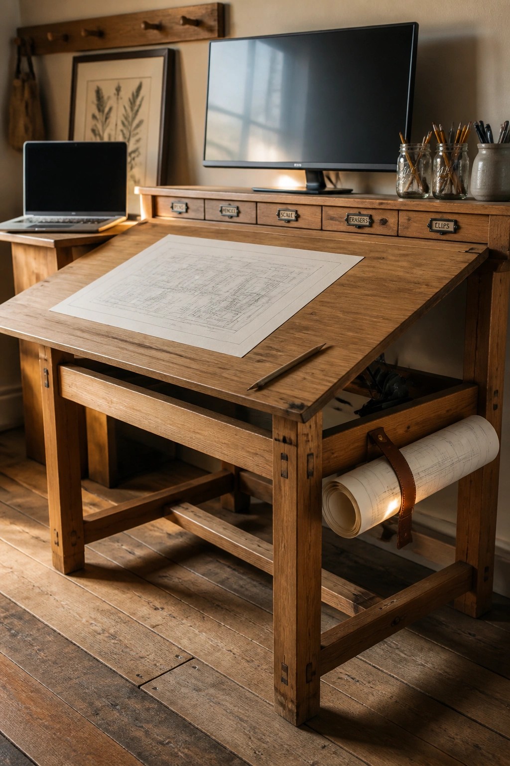 A wooden drafting table with a slanted top holding an architectural drawing, a laptop on the side, a monitor behind it, and labeled drawers for pencils, erasers, and clips.