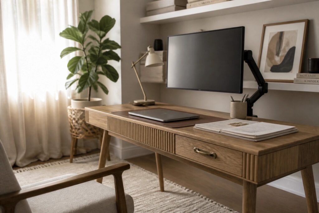 A wooden desk with a black monitor mounted on an adjustable arm, a laptop, papers on a desk pad, and a white desk lamp, with a potted plant nearby.