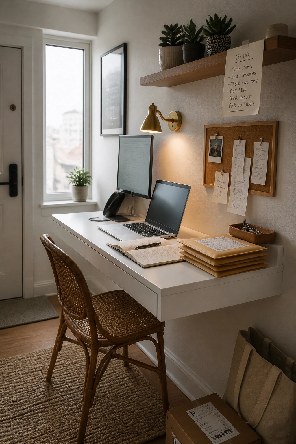 White desk with laptop, notebook, wicker chair, corkboard, plants, and to-do list.