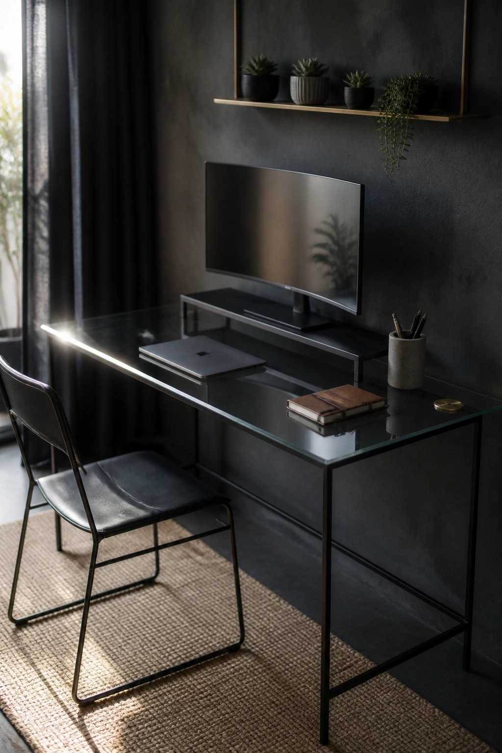 A glass desk with black metal frame holds a laptop and notebook in a dark-walled home office, with a wall-mounted monitor on a stand and a black chair on a woven rug.