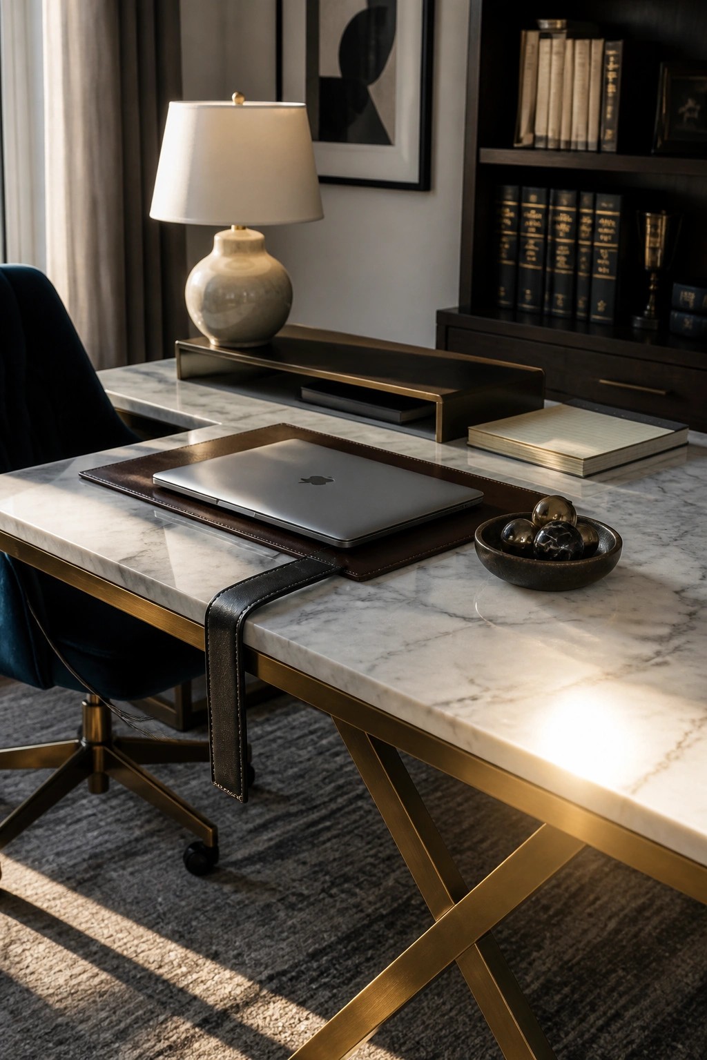 A laptop on a brown leather mat sits on a white marble desk with gold legs, next to a lamp and a small bowl.