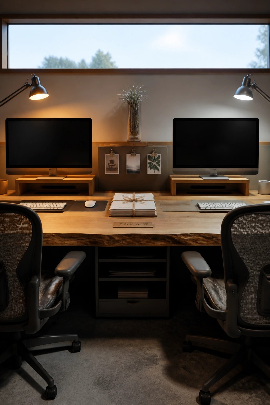 A home office interior showing a long wooden desk with two computer monitors on wooden risers, two office chairs, and a large window above.