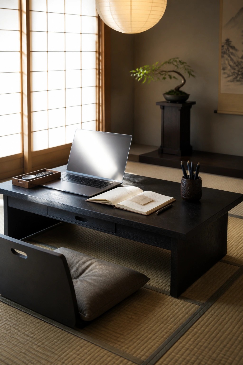 Low black table with laptop and notebook in Japanese room on tatami mats