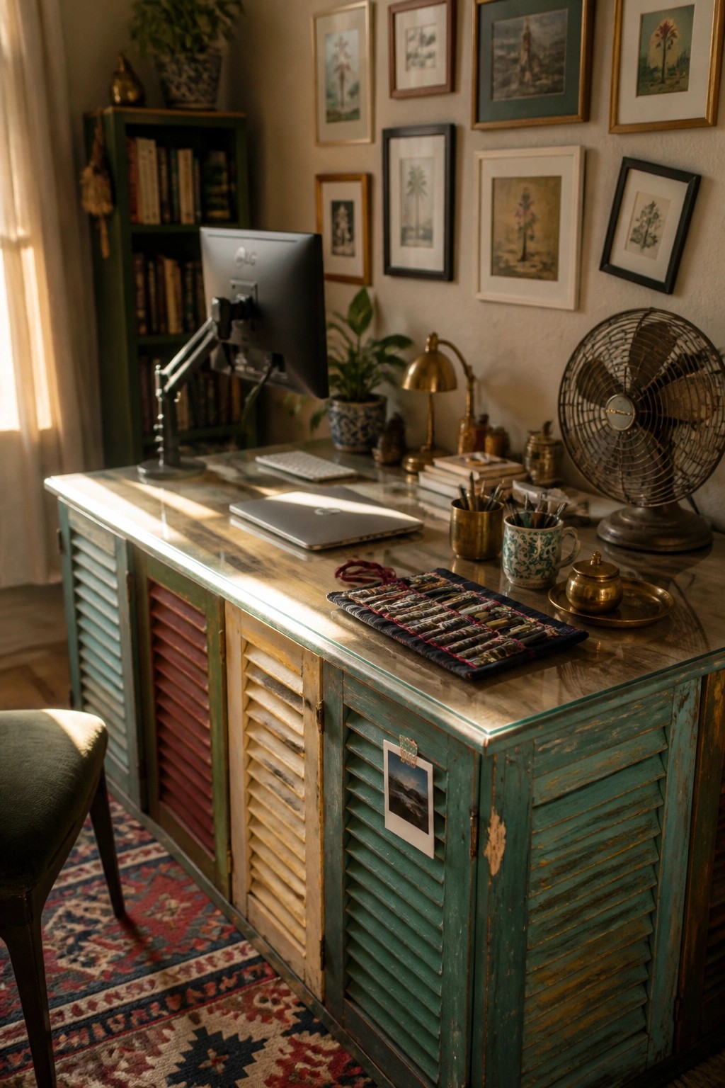 Rustic teal wooden desk with monitor, laptop, vintage fan, and gallery wall.