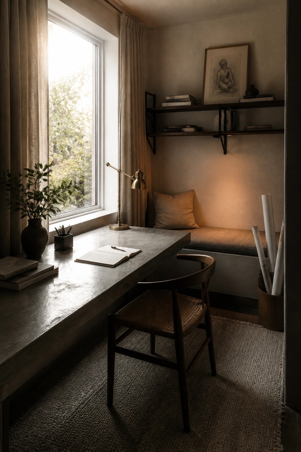 Cozy minimalist workspace with concrete desk, wooden chair, brass lamp, and window seat