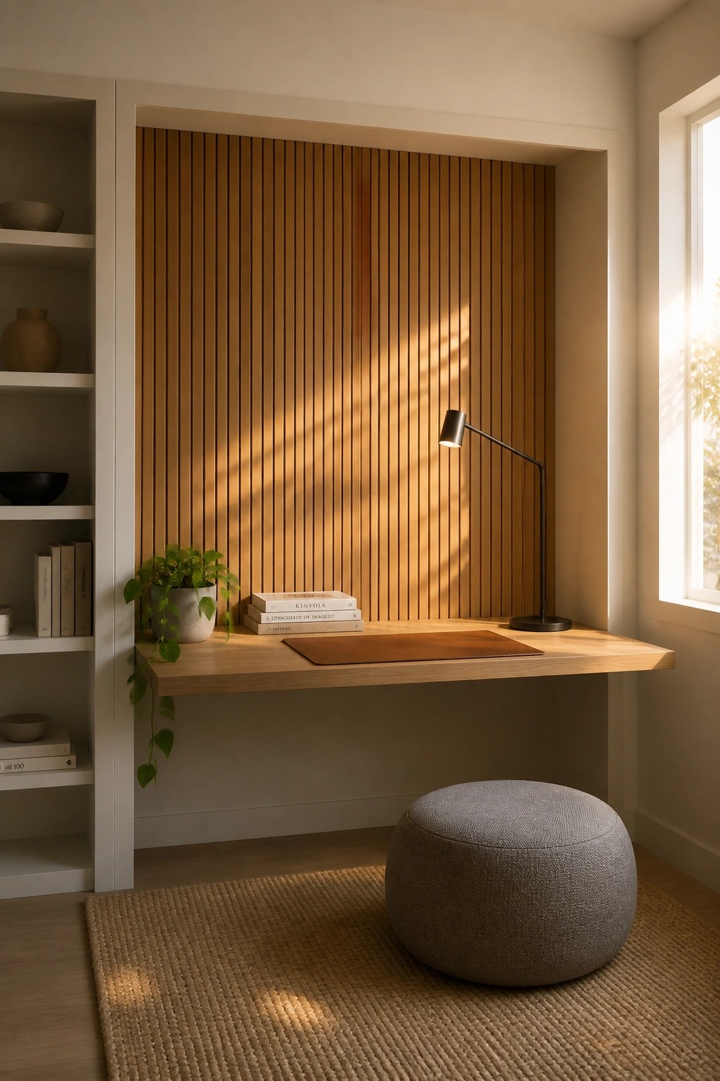 A minimalist office nook with a floating light wood desk set into a recessed wall with vertical wood slats, built-in white shelves on the left, a potted plant and stacked books on the desk, a gray round pouf on a woven rug, and sunlight coming from a window on the right.