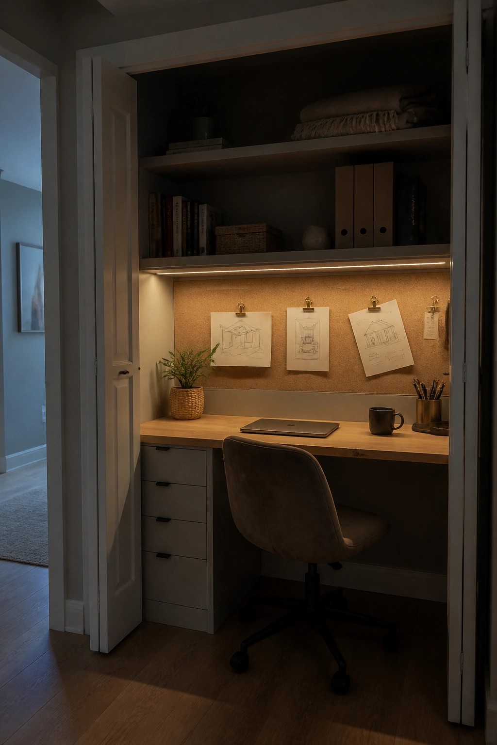 A built-in wooden desk inside a closet alcove with upper shelves, a corkboard holding architectural sketches, a potted plant, and a brown upholstered office chair.