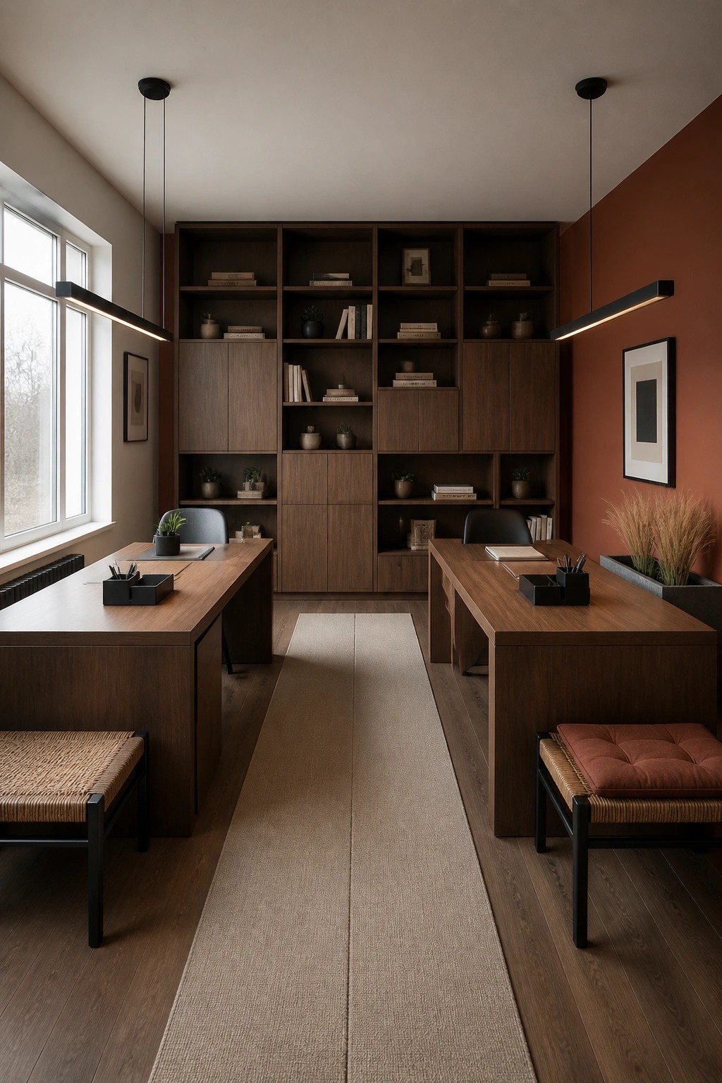 A minimalist home office with two wooden desks facing each other and a large built-in wooden bookshelf spanning the back wall.