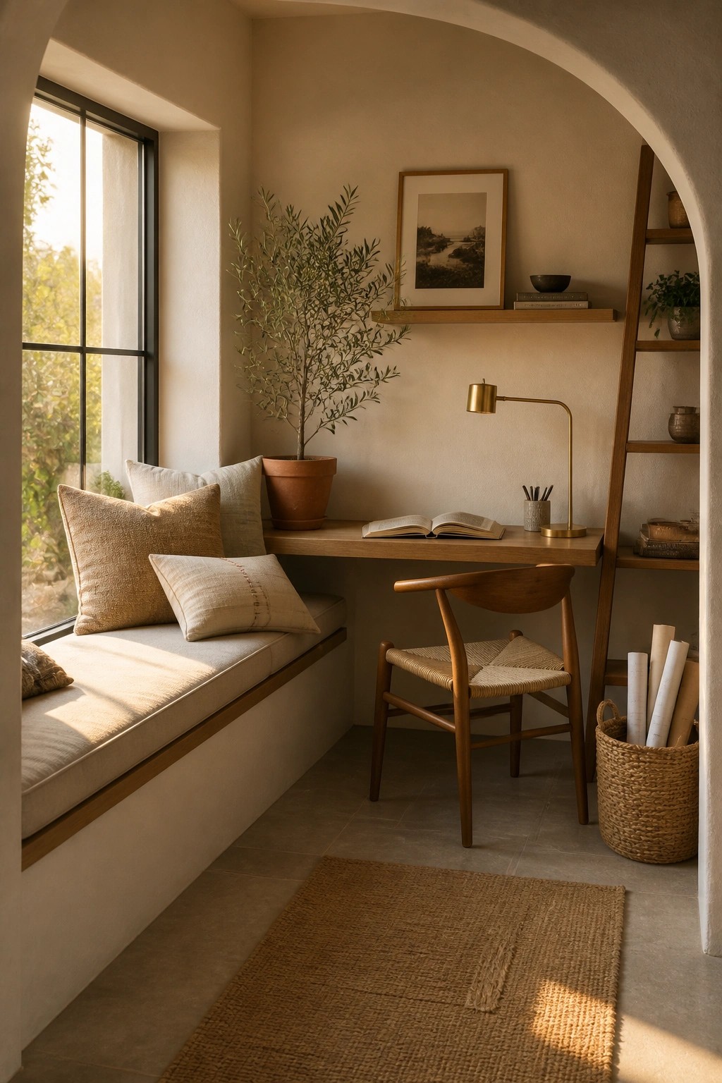 A minimalist office corner with a wooden desk, woven chair, open book, desk lamp, potted olive tree, and a cushioned window bench under a large window.
