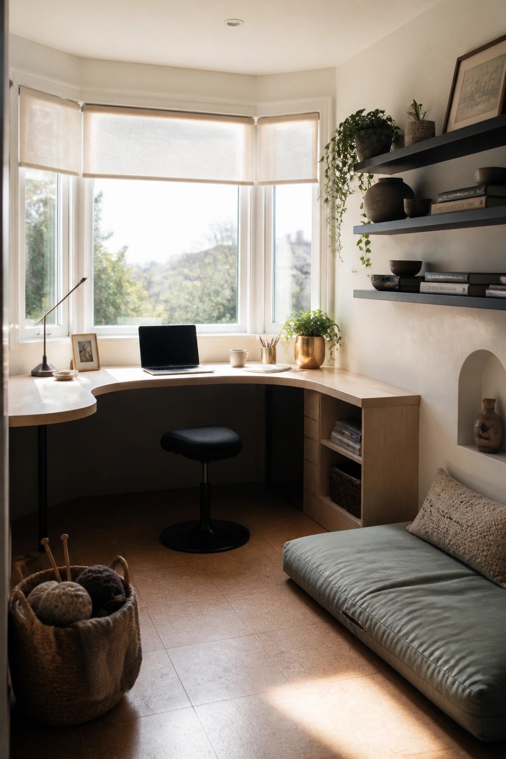 A minimalist office with a curved light wood desk under a bay window, a black stool, floating shelves with books and plants, and a light green daybed on the right.
